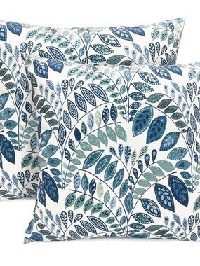 Blue Teal Leaf Print Throw Pillow Duo Covers